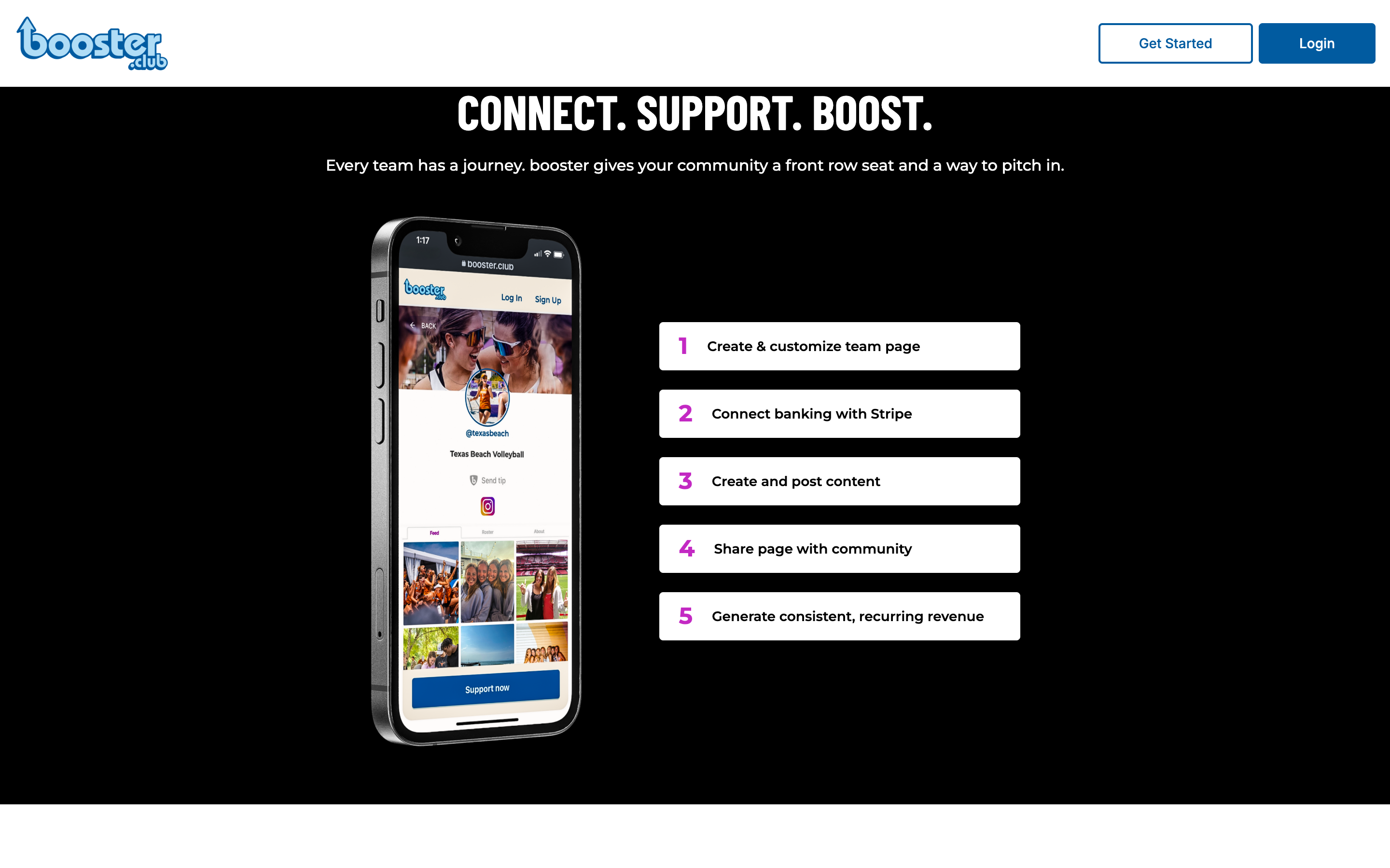 Booster product flow — team page and onboarding steps